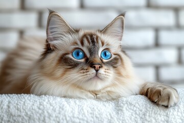 A close-up of a fluffy cat with striking blue eyes resting on a surface.
