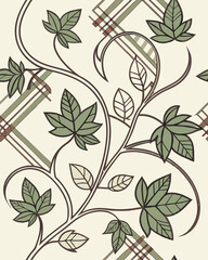 Vintage Foliage Pattern with Checkered Leaf Accents – Unique Vector Background