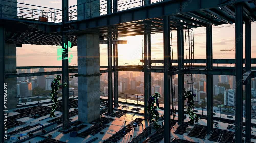 Aufkleber construction workers analyze digital data in modern building framework at sunset in urban setting