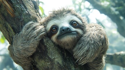 Fototapeta premium Adorable Baby Sloth Hanging on Tree Branch in Rainforest Habitat