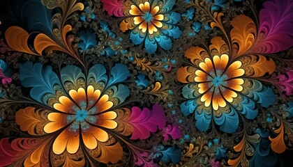 Colorful floral fractal design with intricate patterns and vibrant hues, artistic creation
