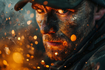 Generative AI depiction of a blacksmith forging metal with sparks flying during the working process