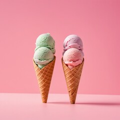 Ice cream scoops against pastel pink background. Minimal summer food concept.