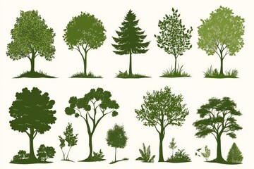 Different types of trees illustrated in various shades of green on a light background