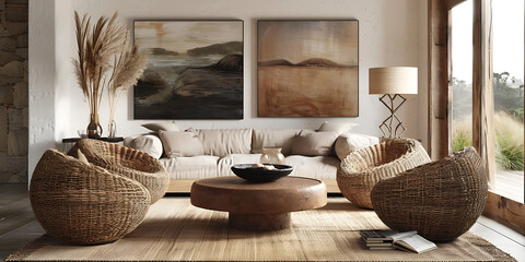 Neutral Toned Living Room with Wooden Table and Woven Chairs