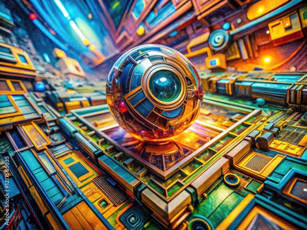 Poster bold colors and intricate details define this tilted, futuristic acrylic macro; abstract tech art.