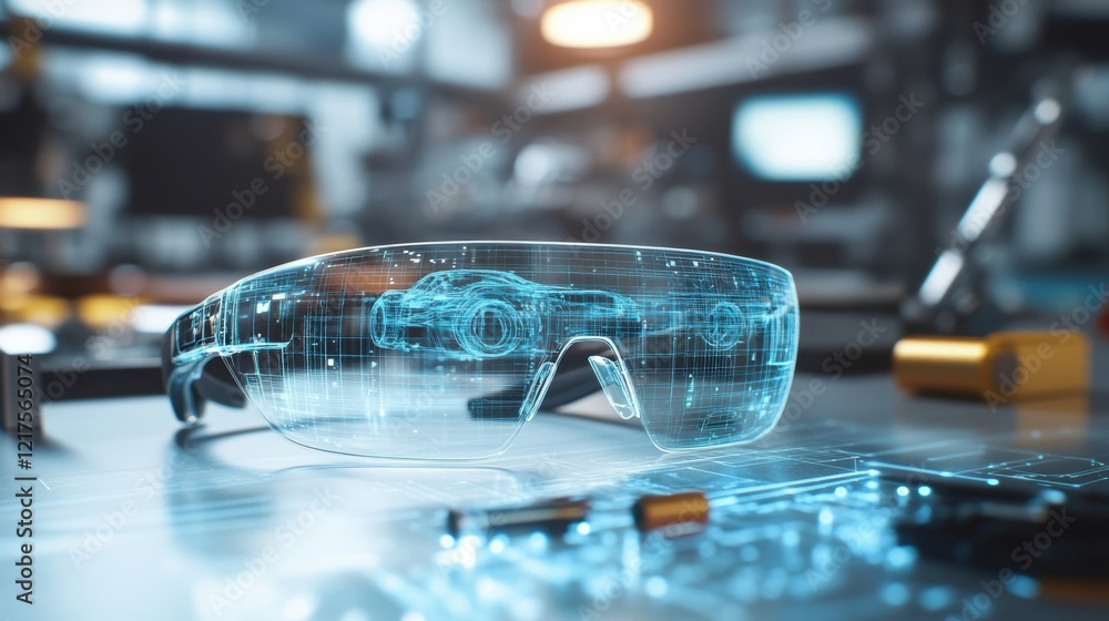 Aufkleber closeup of a pair of smart glasses resting on a cluttered desk reflecting a vivid augmented reality 