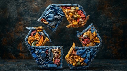 Obraz premium Recycle symbol fashioned from assorted garments. Recycle concept. One more life. Second life. Sorting. Donate