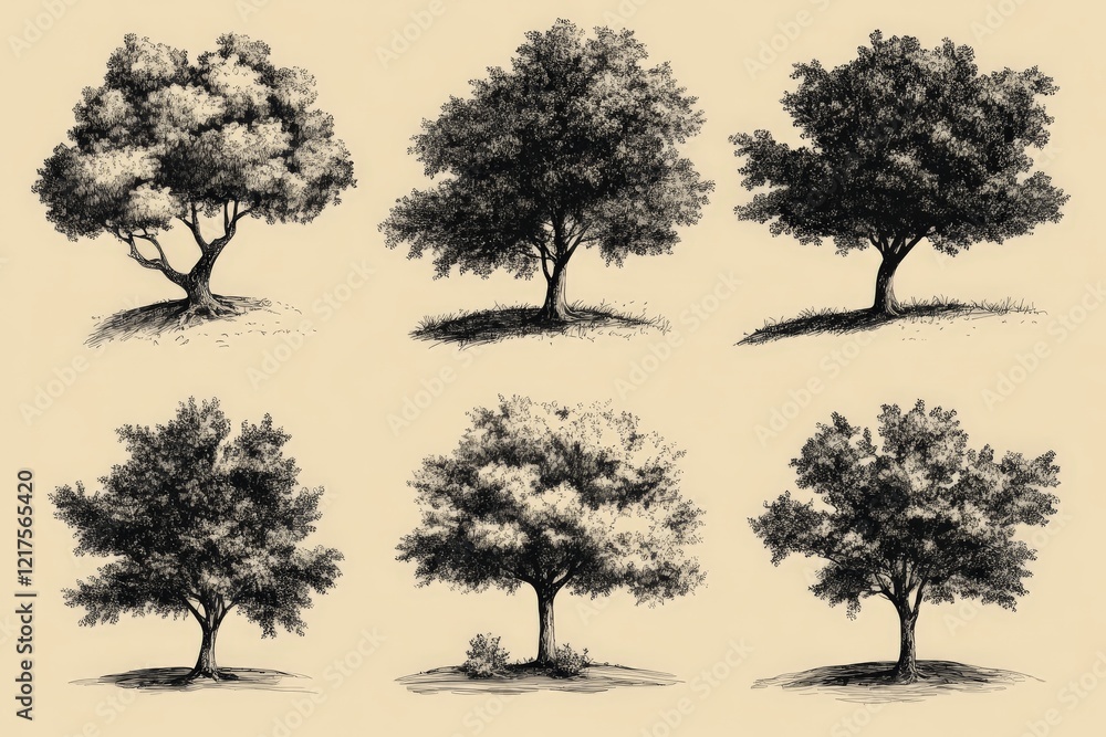 Poster different types of trees illustrated in a grid on a light background capturing various shapes and fo