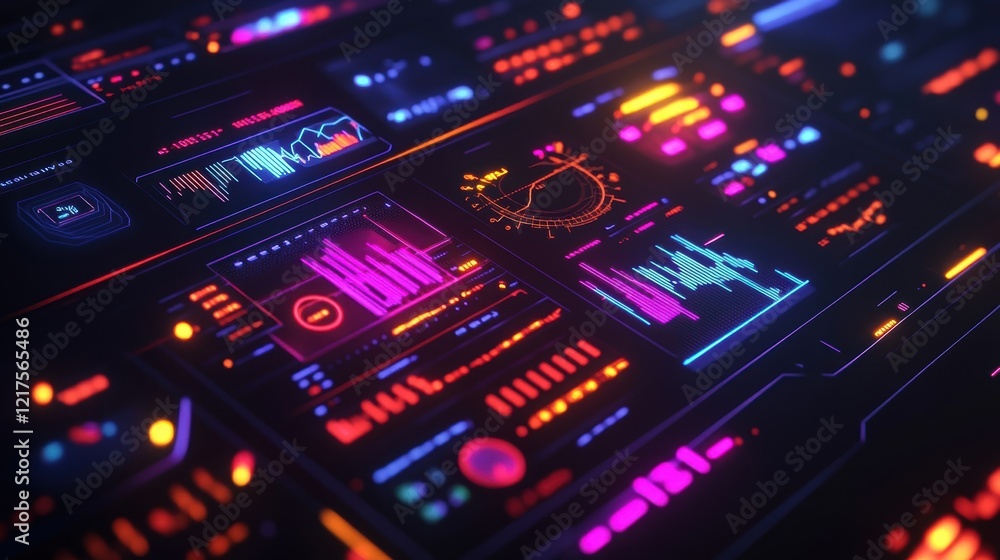 Poster a closeup of a digital dashboard showcases fluctuating graphs and metrics illuminated in neon colors