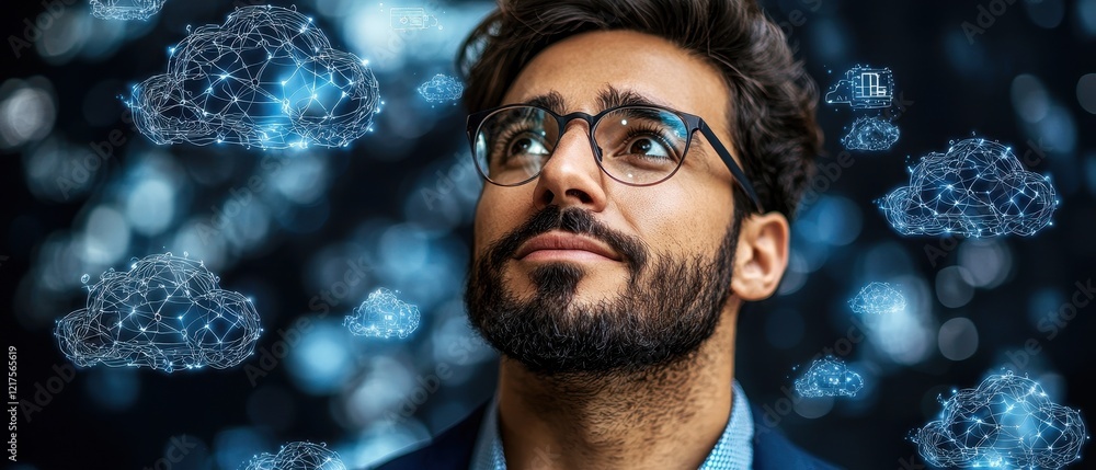 Aufkleber modern office worker overseeing cloud-based encrypted services in technology setting