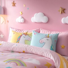 Unicorn Dreams: Embrace a whimsical wonderland with this enchanting bedding set.  Two plush pillows feature adorable unicorn designs, nestled amongst a backdrop of pastel clouds, fluffy white clouds.