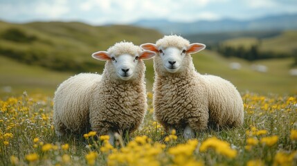 Two Adorable Lambs in a Spring Meadow Fluffy Sheep in Yellow Flowers