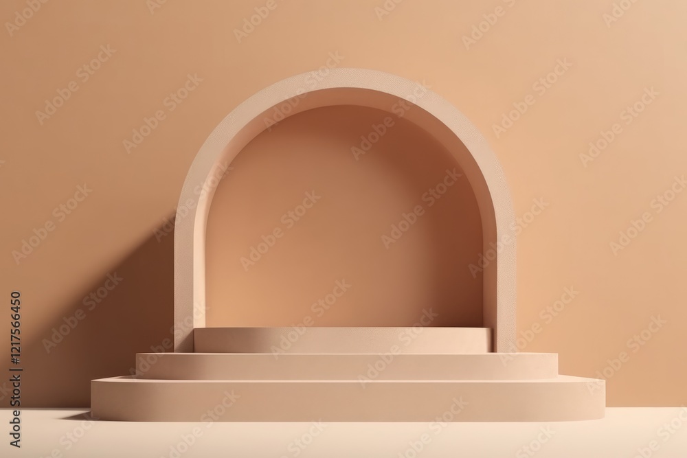 Poster modern minimalist arch and steps design with soft shadows on a peach-colored background.