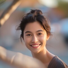 Fototapeta premium Smiling Woman Portrait Golden Hour Natural Beauty