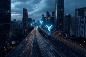 Fototapeta premium A city street with a lot of traffic and a few buildings