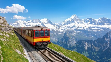 A scenic train travels along a mountainous railway, surrounded by breathtaking peaks and clear blue skies.
