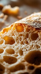 Close-up of crusty bread slice, artisanal loaf, on parchment paper, with crumbs scattered