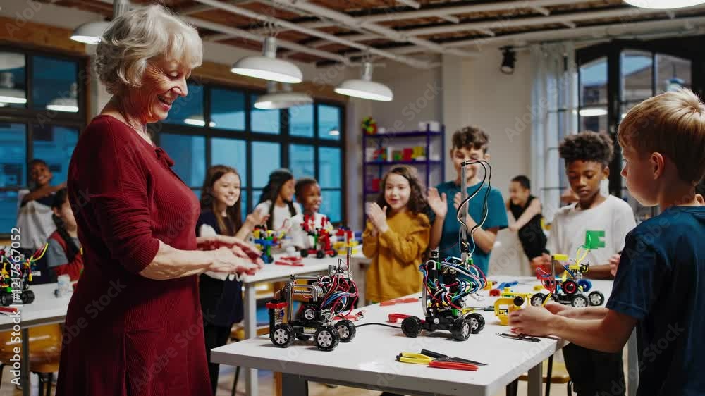 Aufkleber engaging robotics workshop for children in a modern classroom setting