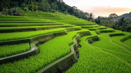 Lush green rice terraces stretch across a hillside, showcasing the beauty of agricultural landscapes in harmony with nature.