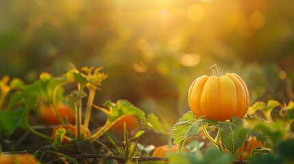 A radiant orange-yellow pumpkin flower captured in golden hour light, its lush green surroundings blurred into a harmonious natural palette.