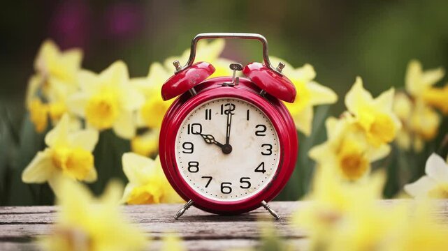 Alarm clock with daffodil flowers in spring. Spring forward, springtime or daylight savings time background.