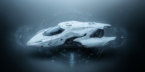 A futuristic space ship is shown in a blue background