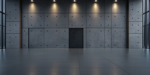 A large, empty room with a black door and grey walls