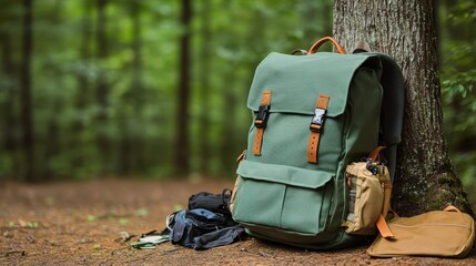 A green backpack rests against a tree in a serene forest setting, surrounded by earthy tones and lush greenery.