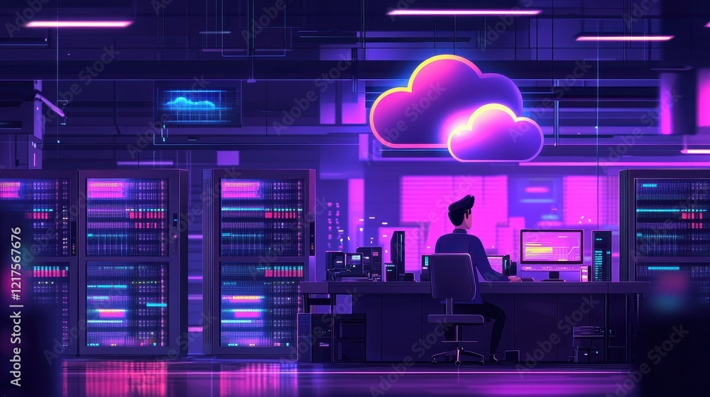 Poster business worker utilizing cloud technology for encrypted data security in a futuristic office