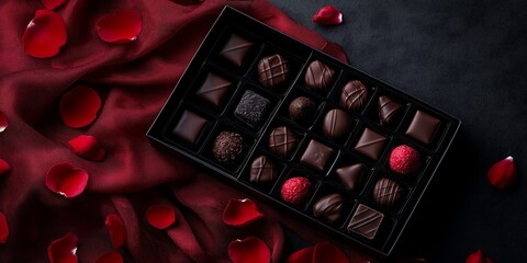 A box of chocolates with a red background