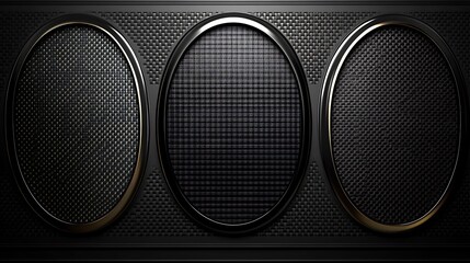 Three Oval Black Panels with Gold Accents on a Textured Background