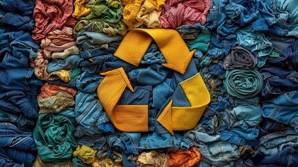 Recycle symbol fashioned from assorted garments. Recycle concept. One more life. Second life. Sorting. Donate