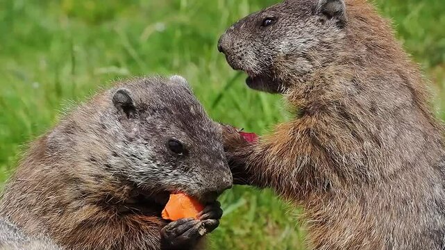 Marmota monax eating vegetables slow motion
