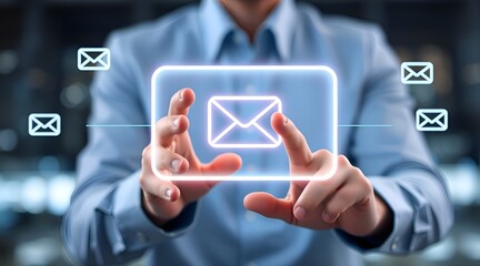 A novel idea for email notification interactivity. An individual interacts with a floating computer interface that displays a new email notification symbol—a notion for communication via the internet.