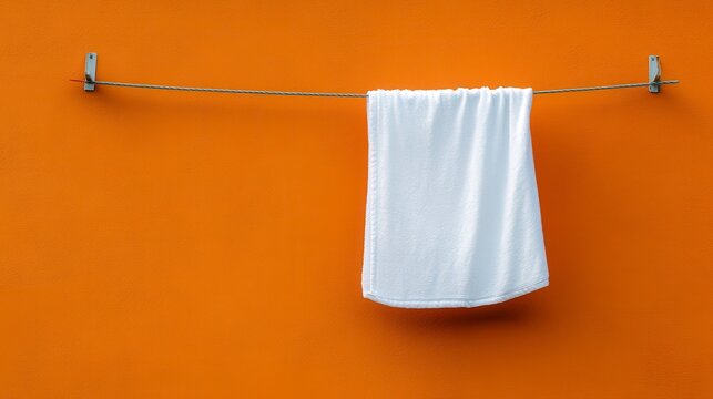 White Towel Hanging On Orange Wall
