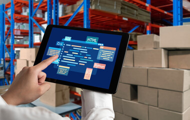 Software development or programming work with coding screen of various programming languages like HTML, Python, Java, and C brisk for new application development