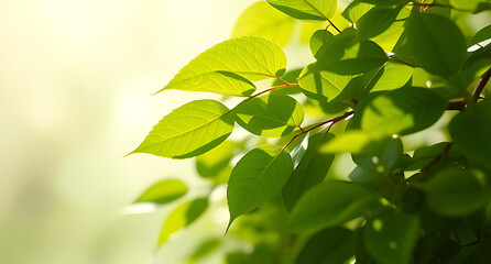 Obraz premium Close-up of vibrant green leaves glowing under warm sunlight with a soft golden bokeh background. Perfect for nature-inspired themes, eco-friendly concepts, and serene design projects.