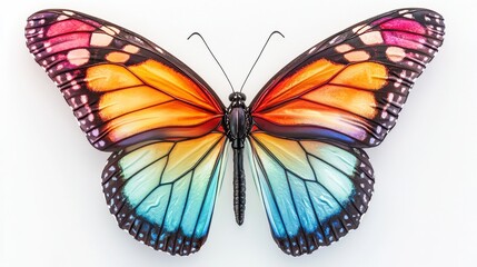 Obraz premium A vibrant butterfly with colorful wings, displaying shades of orange, pink, and blue on a white background.