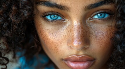 Close-up portrait of a young woman with freckles and blue eyes.