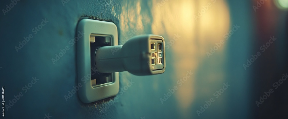 Poster close-up of a multi-port usb adapter plugged into a wall socket with a textured blue wall background