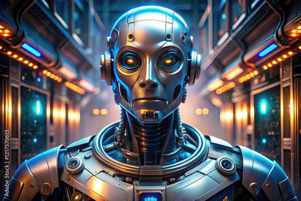 Poster cybernetic ai: a 3d-rendered sci-fi robot showcasing futuristic robotic intelligence and advanced ma