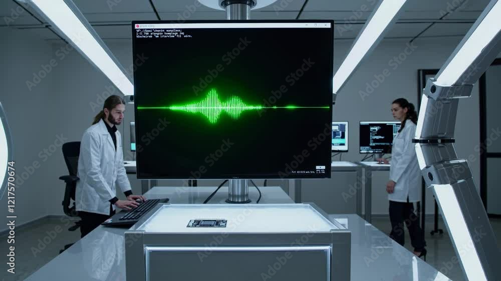 Poster research scientists analyze data in a high-tech lab focused on sound wave patterns and technology