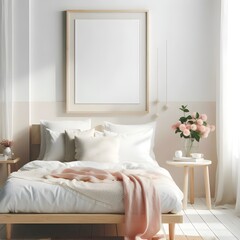 A bright, minimalist bedroom features a light wood platform bed with white bedding and a beige throw. A matching light wood nightstand sits beside the bed, holding a vase of colorful,