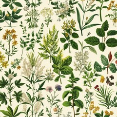 A Botanical Illustration Featuring Various Flowers And Plants