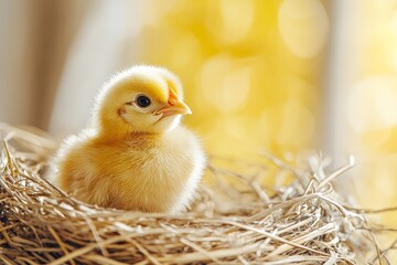 Cute yellow chick resting in a cozy nest surrounded by soft straw in warm sunlight