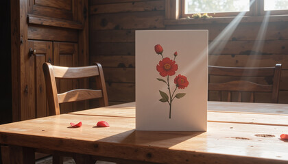Minimalist greeting card with floral design on rustic wooden table, warmth