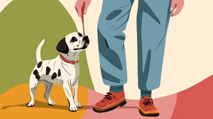 Person Holding Leash While Walking Spotty Dog in a Minimalist Colorful Background Illustration