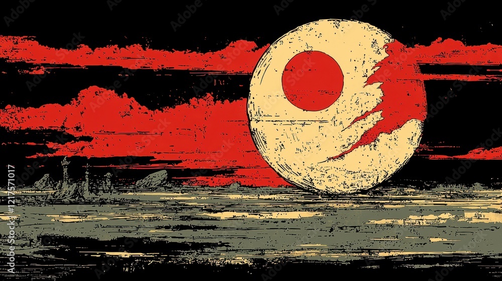 Poster stylized illustration of a large planet or moon setting over a desolate landscape with a red sky.