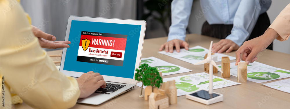 Poster virus warning alert on computer screen detected brisk cyber threat , hacker, computer virus and malw